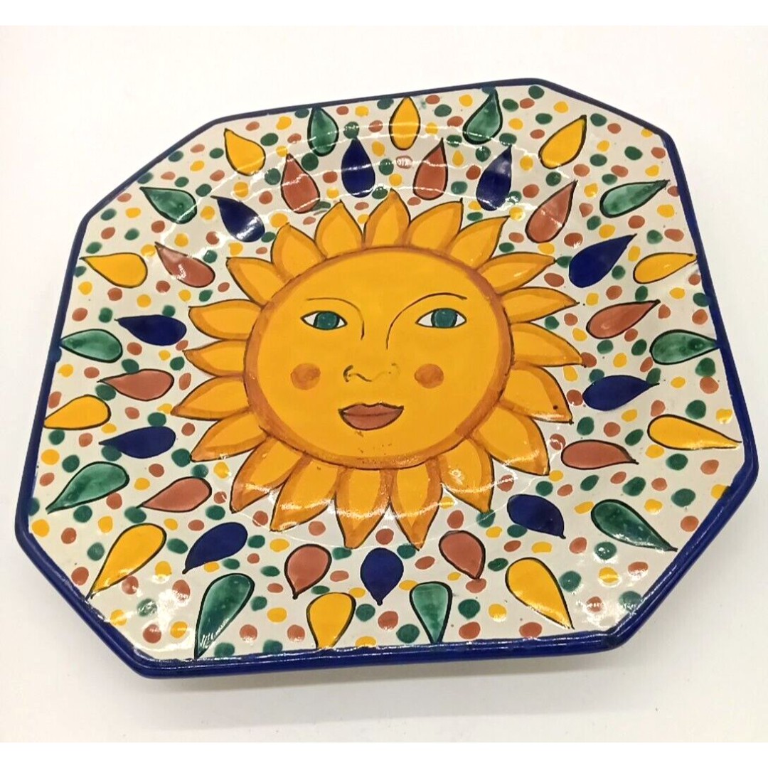 Mexican Art Pottery 12 Octagonal Lead Free Platter Redware Sun Flower Design