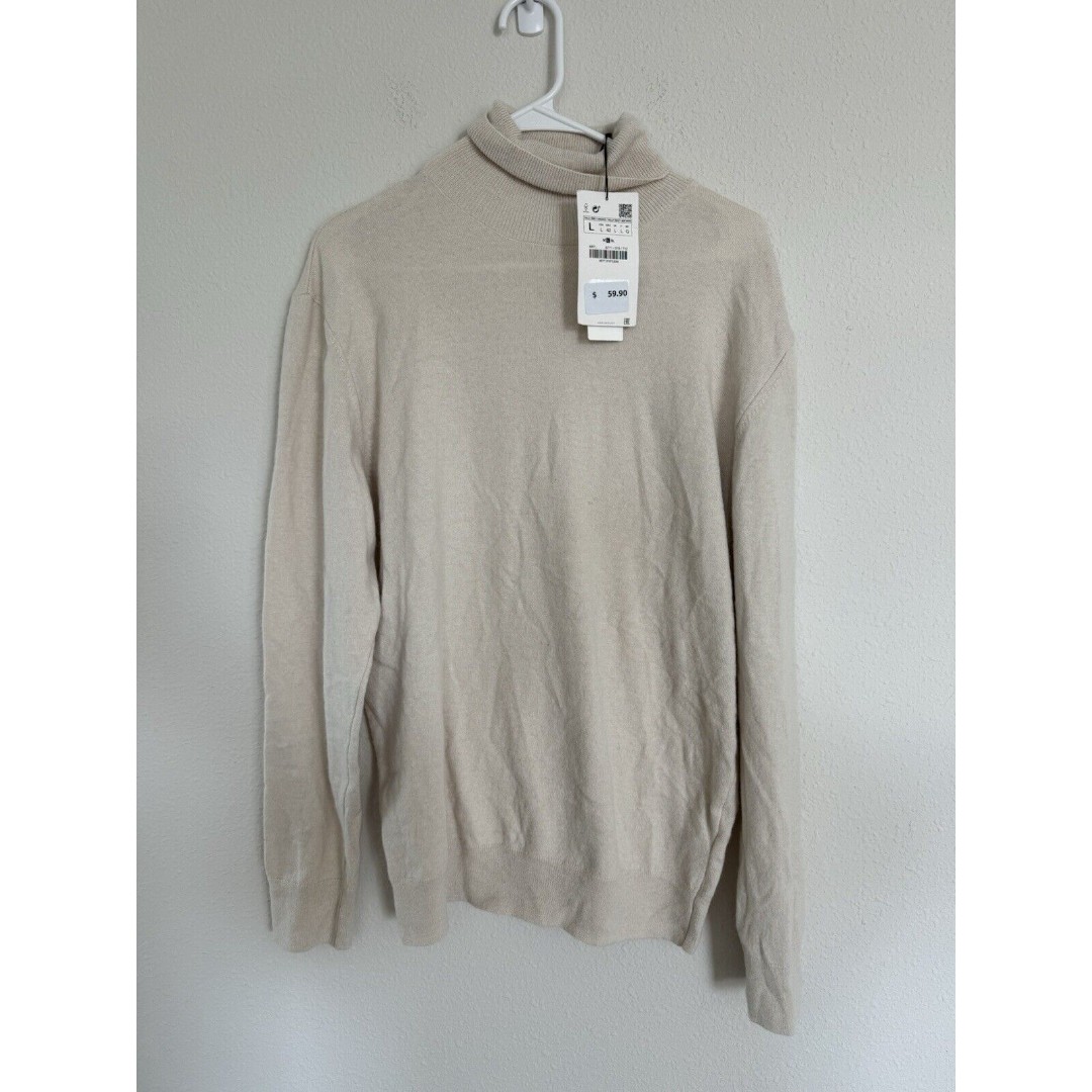 NWT Zara Mens Turtleneck Sweater Size L Beige Wool Blend Pullover Knit Cozy
