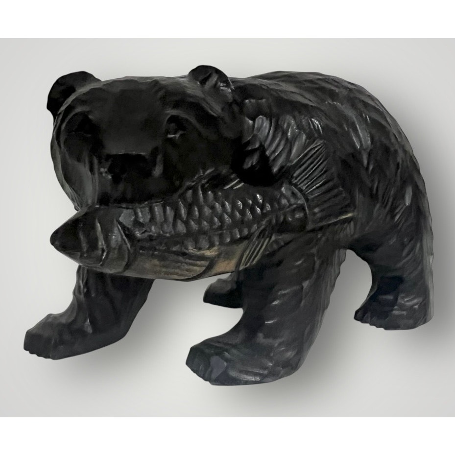 Vintage Japanese Ainu S Takahashi Folk Art Sculpture Black Bear Fish Carved Wood
