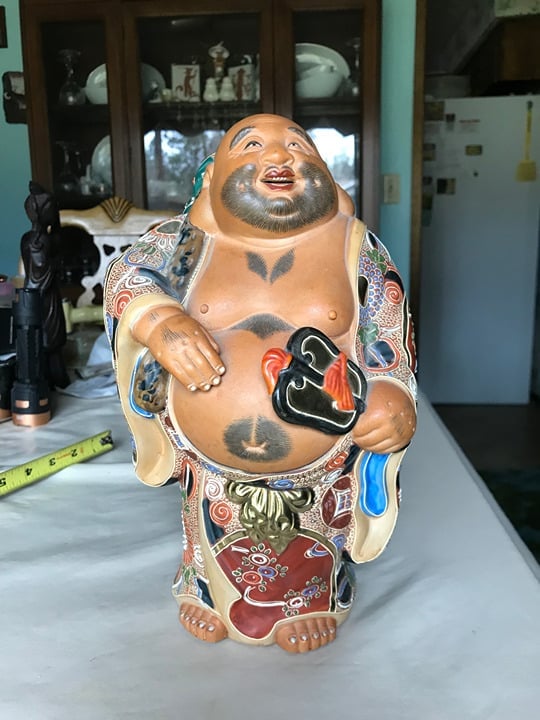 Hotei God Statue Kutani Ware Japanese Antique 10 Porcelain Okimono Meiji Japan