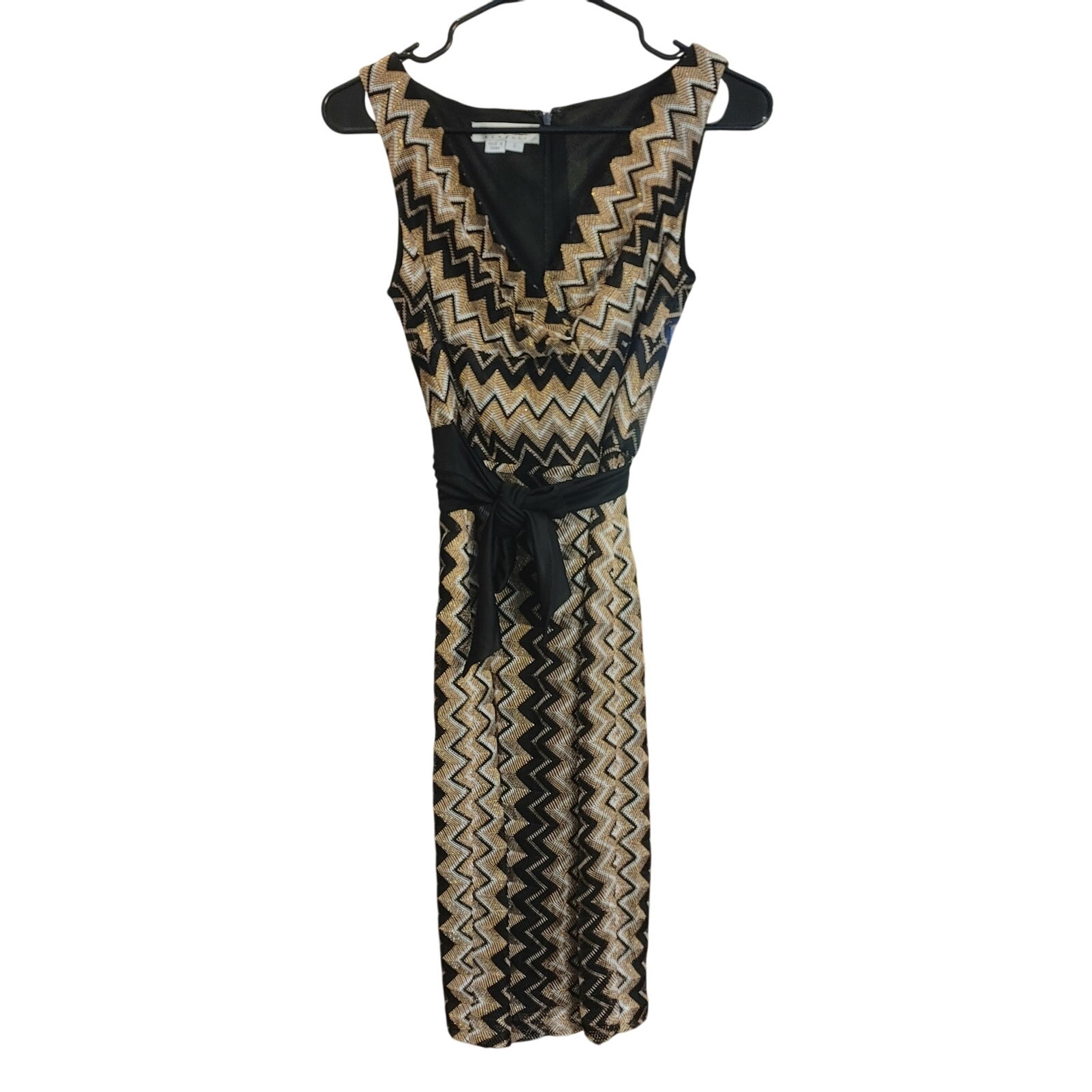 Kay Unger NY Women's 2  Gold/Black Zig/Zag Midi Dress