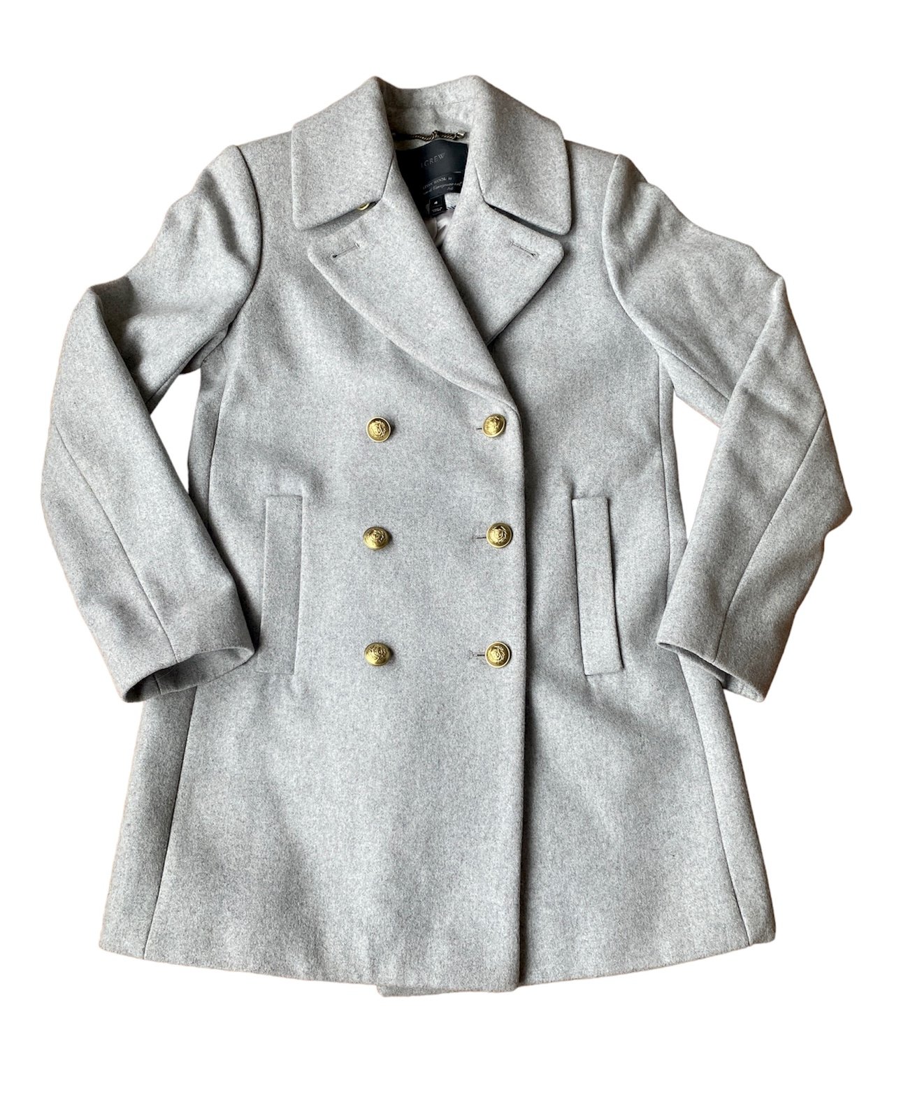 J.CREW MELTON WOOL GRAY Grey double breast PEACOAT JACKET COAT SIZE 4 Gold Butto