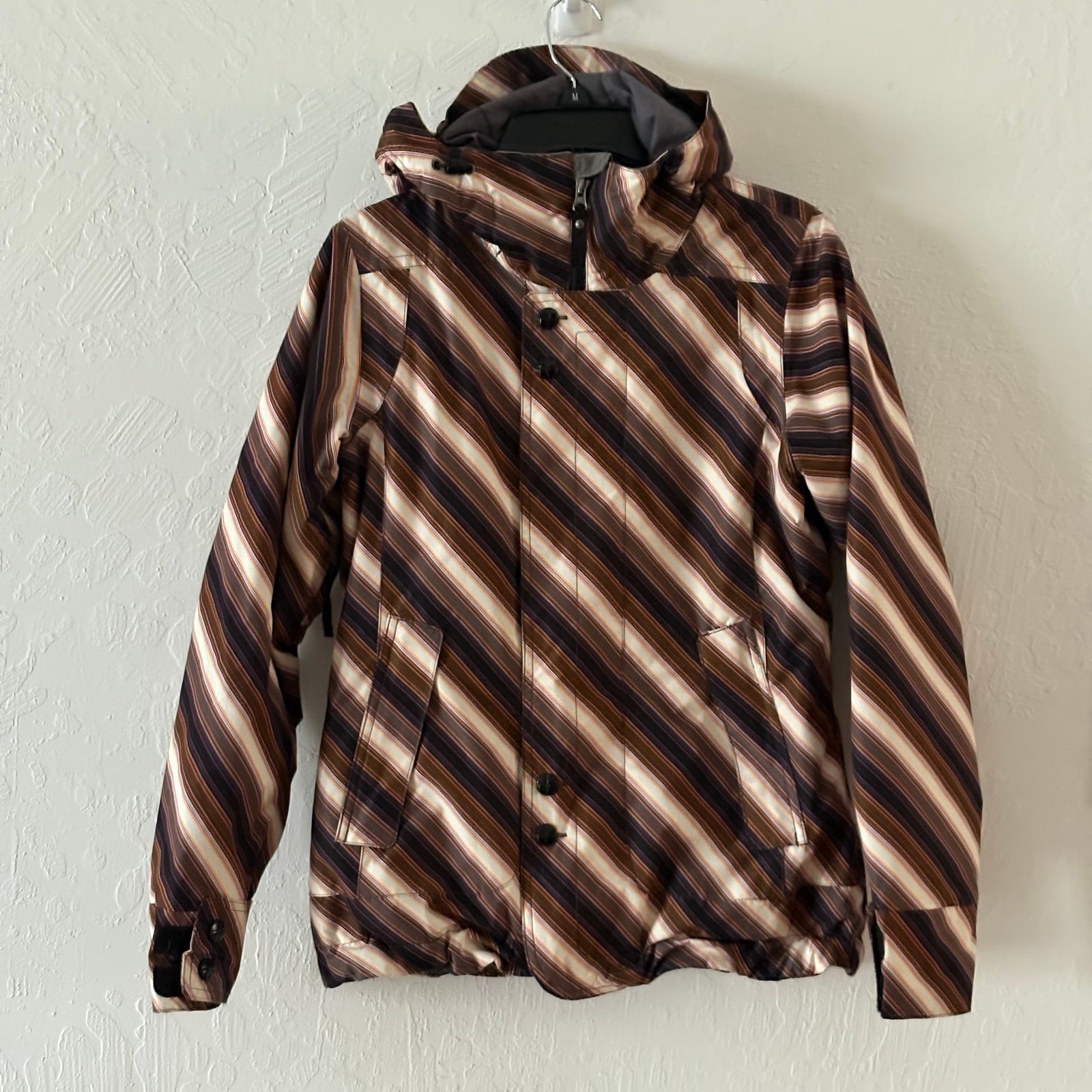 Burton Method DryRide Ski Snowboard Hooded Jacket Brown Cream Blk Striped Medium