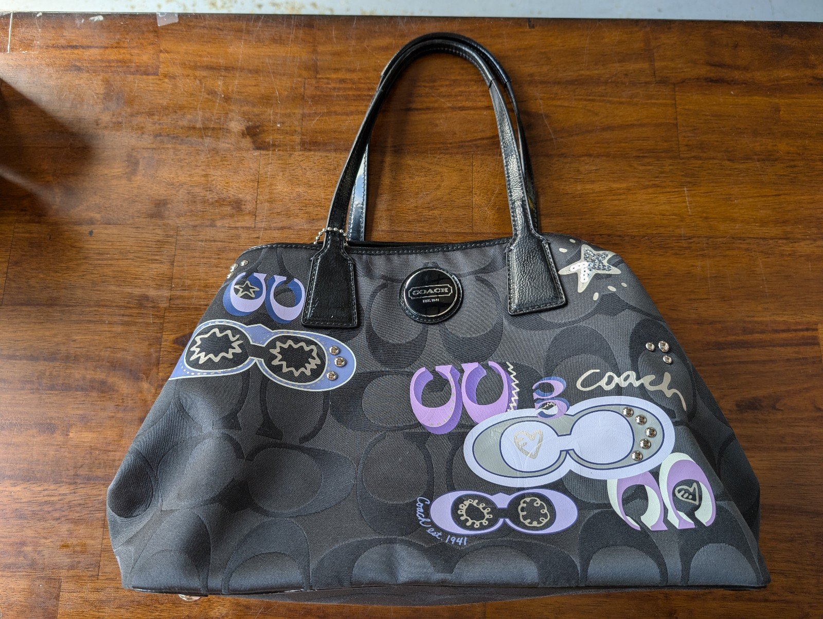 Coach Poppy Black Signature Multicolor Shoulder Bag Size Large