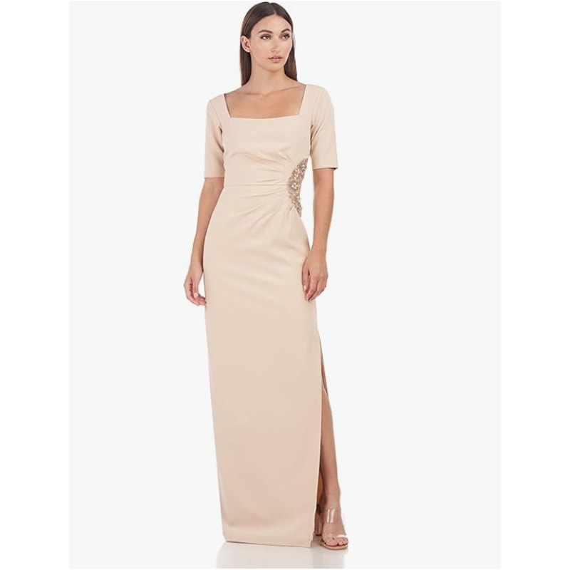 JS Collections Ashley Draped Column Gown Women's 12 Champagne Maxi NWT