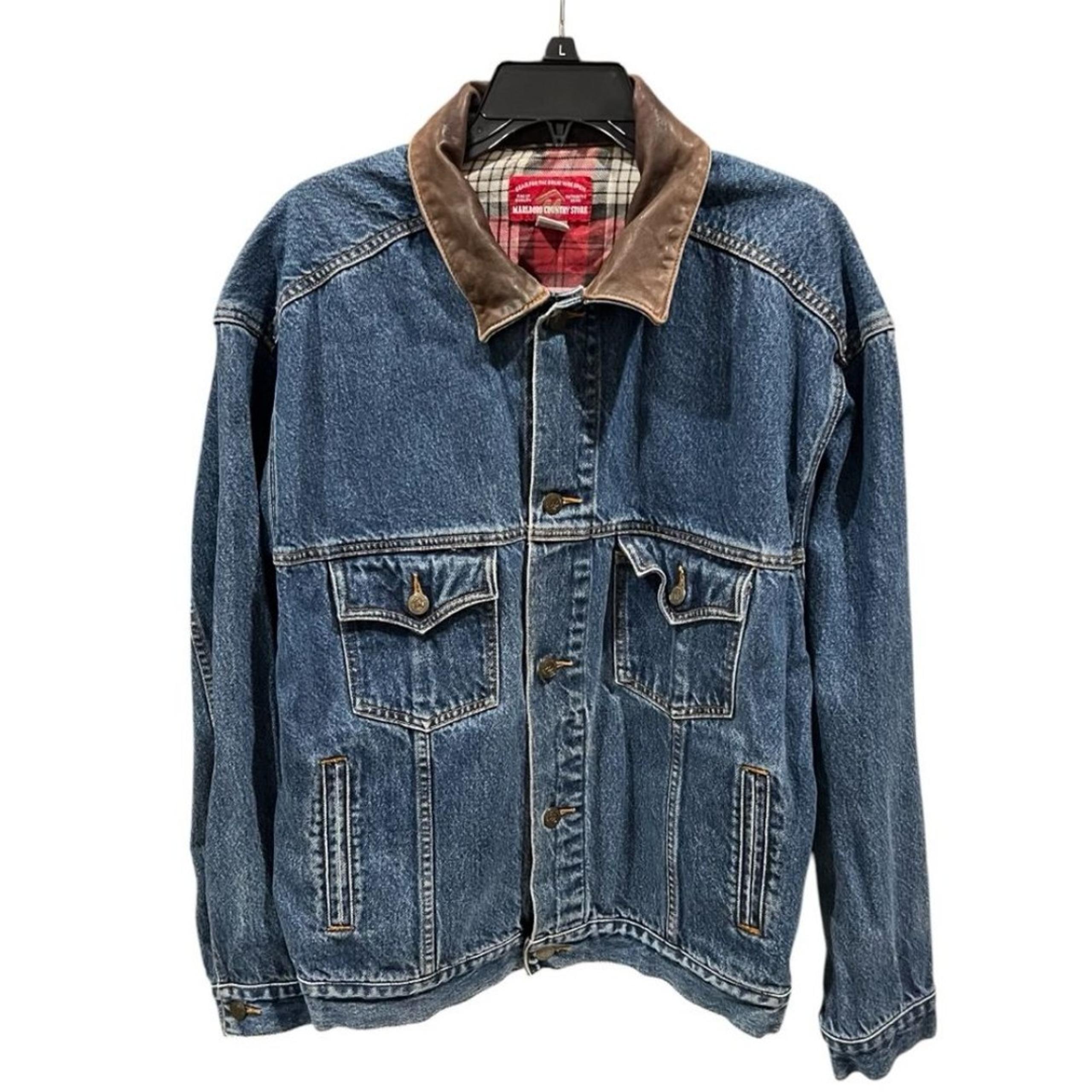 Marlboro Country Store 90s Men’s Leather Collar Denim Jean Jacket Size Large