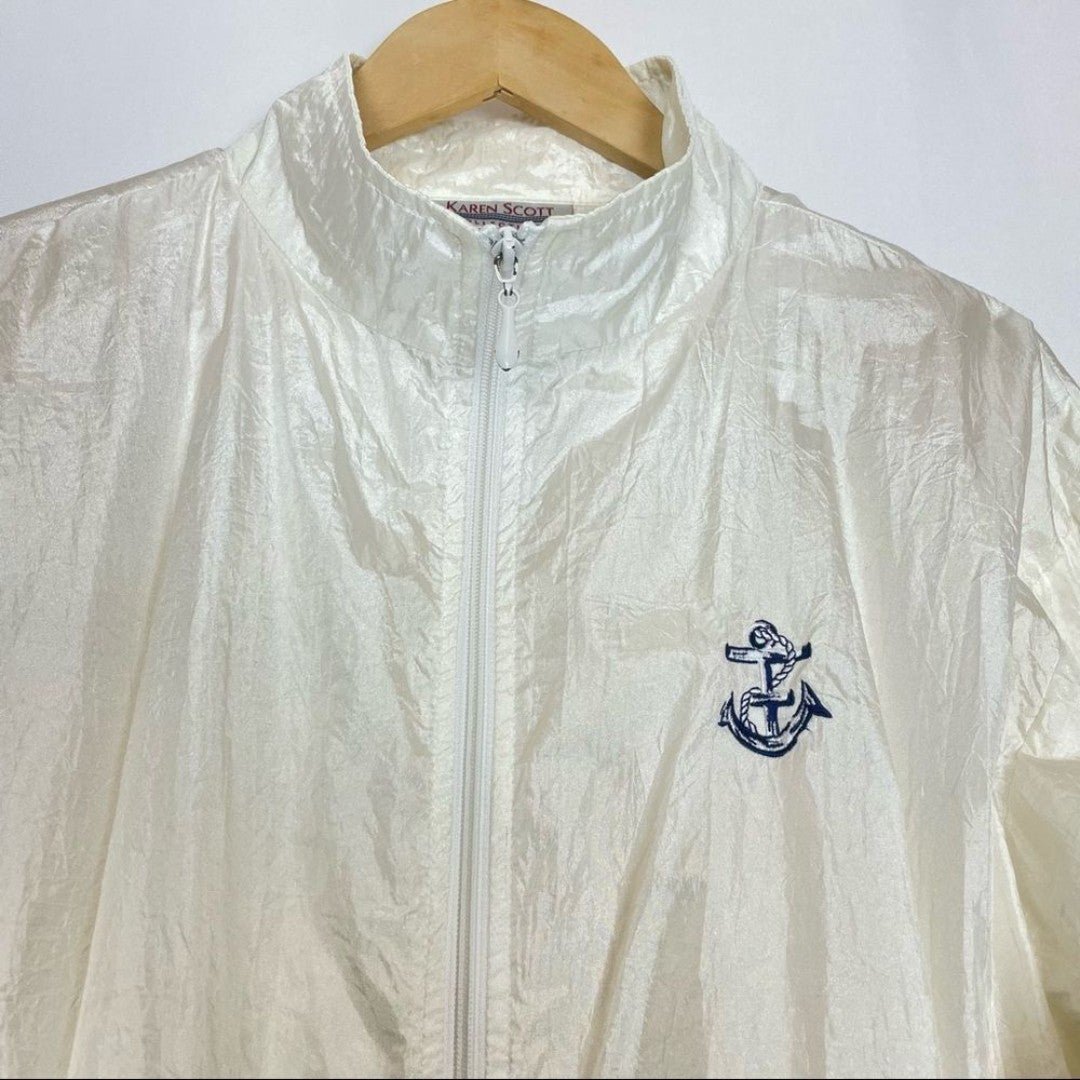 Vintage Nylon Jacket Anchor Embroidery Nautical Windbreaker Lightweight Coat Zip