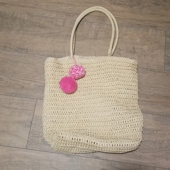 Straw Bag Tote with Pink Poms