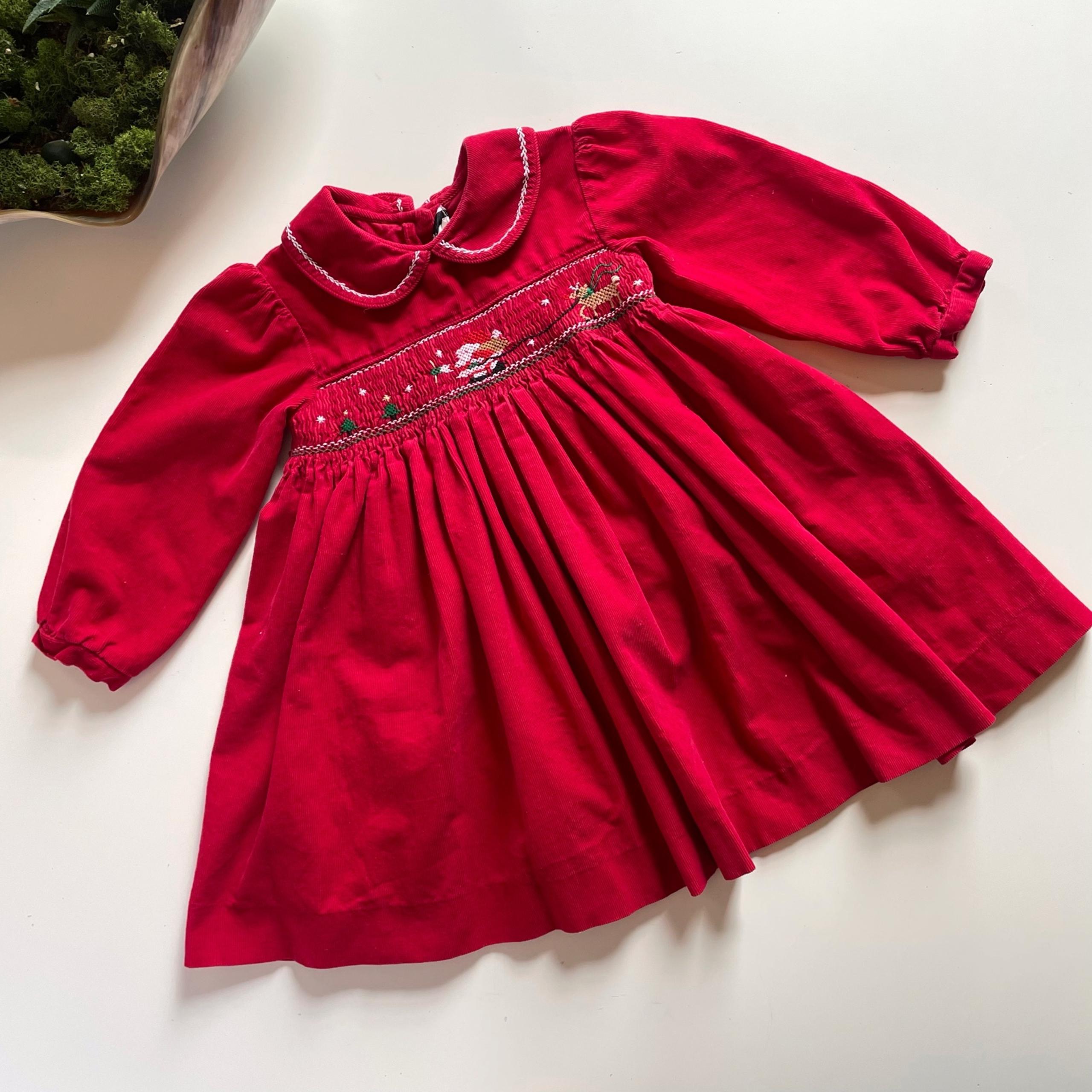 Vintage Rare Editions Red Corduroy Smocked Dress with Santa Embroidery | 24m