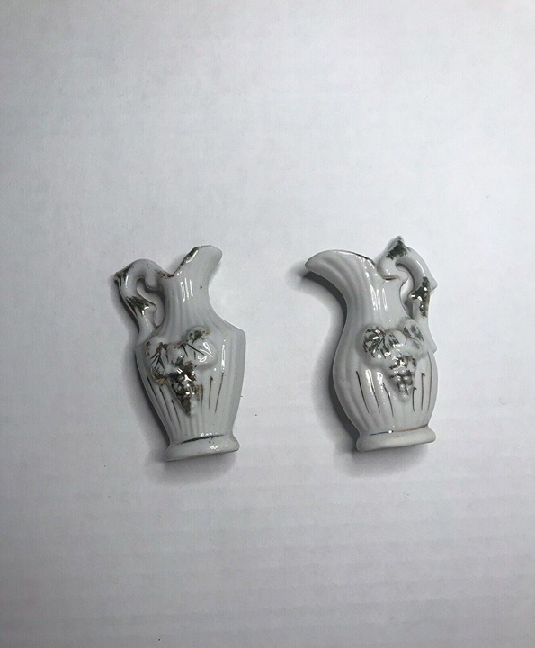 2 Antique Miniature Doll House Porcelain Pitchers White & Brushed Silver