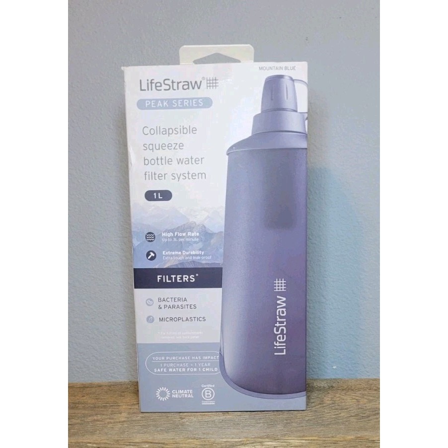 Life Straw Peak Mountain Blue Collapsible Squeeze Filter Bottle System 1 Liter