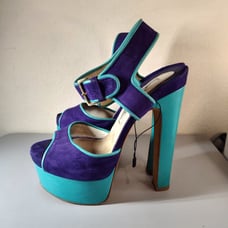 Brian Atwood Karin SkyHigh Platform Sandal Suede EU Sz 37.5 US 7 Purple Blue
