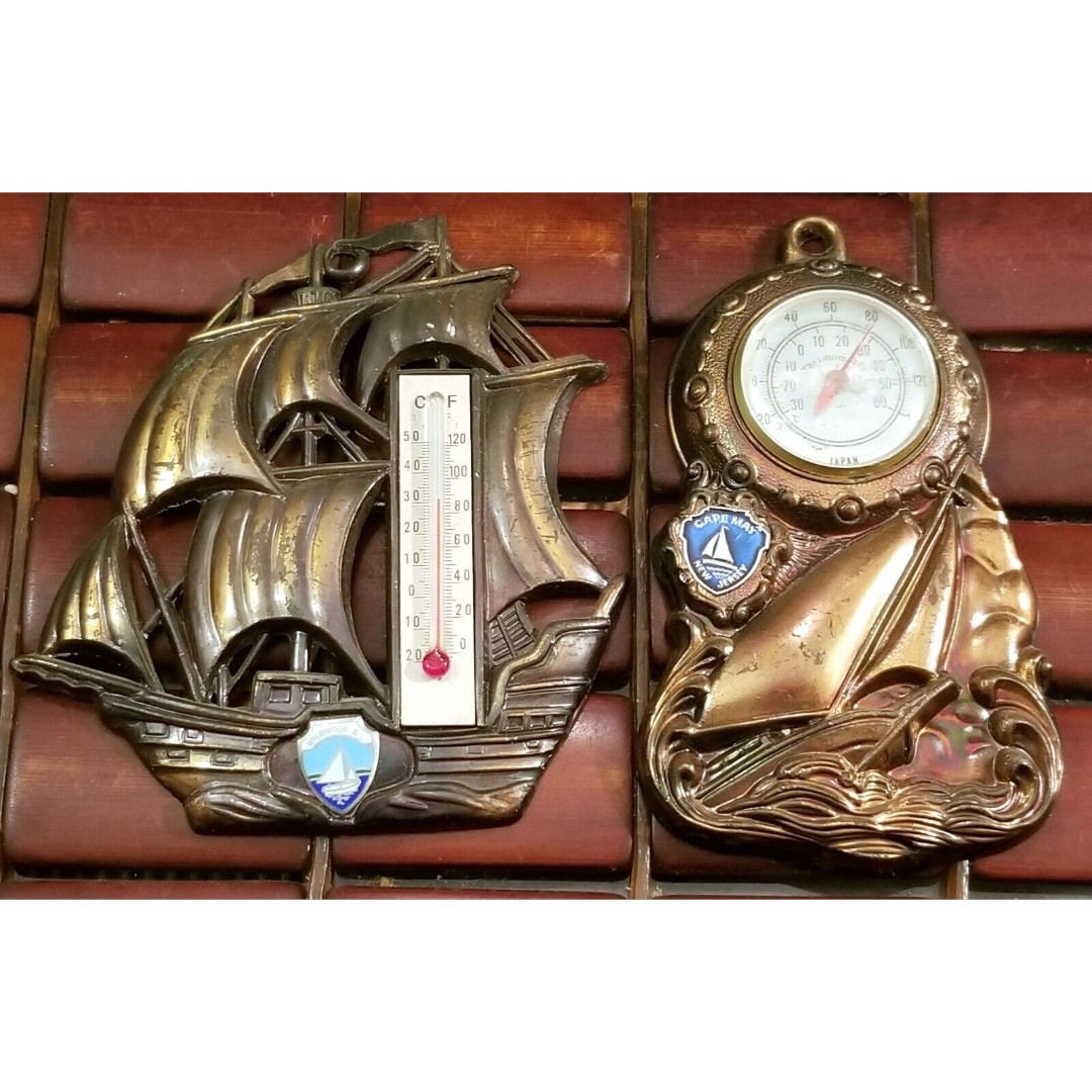 2 Vintage Jersey Shore Souvenir Thermometer Bronze Tall Ships Cape May Wildwood