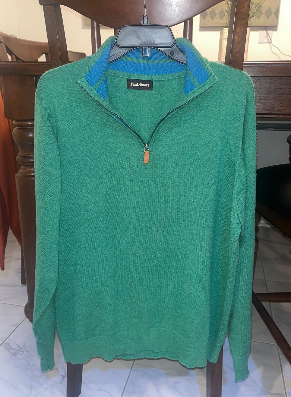 Mens Large quarterzip 64% Cashmere/ 36% silk Paul Stuart” Kelly Green w/ Blue s
