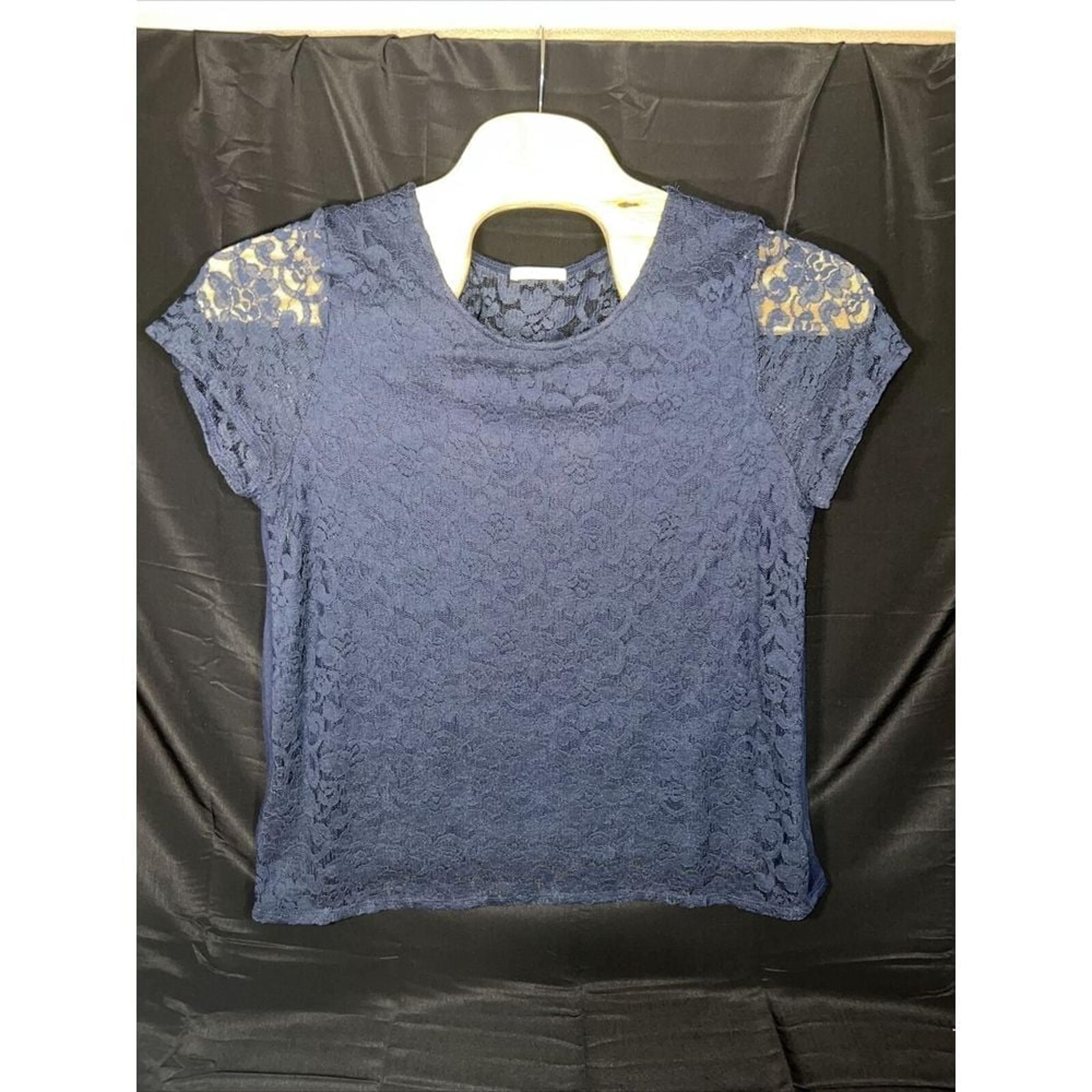 Le Lis Womens Lace Front Top Blouse Lined Dark Blue Sz 1XL  Made in USA