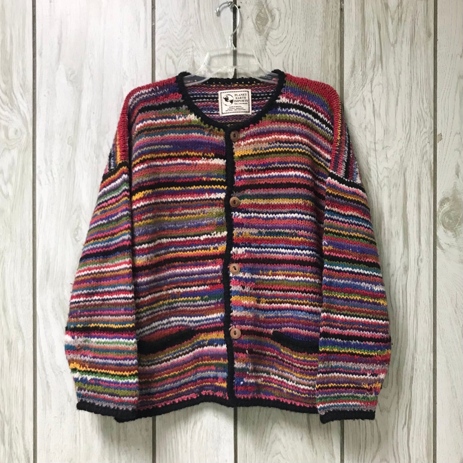 VTG Planet Earth Imports Women Multi Colorful Wool Hand-Knit Cardigan Sweater OS