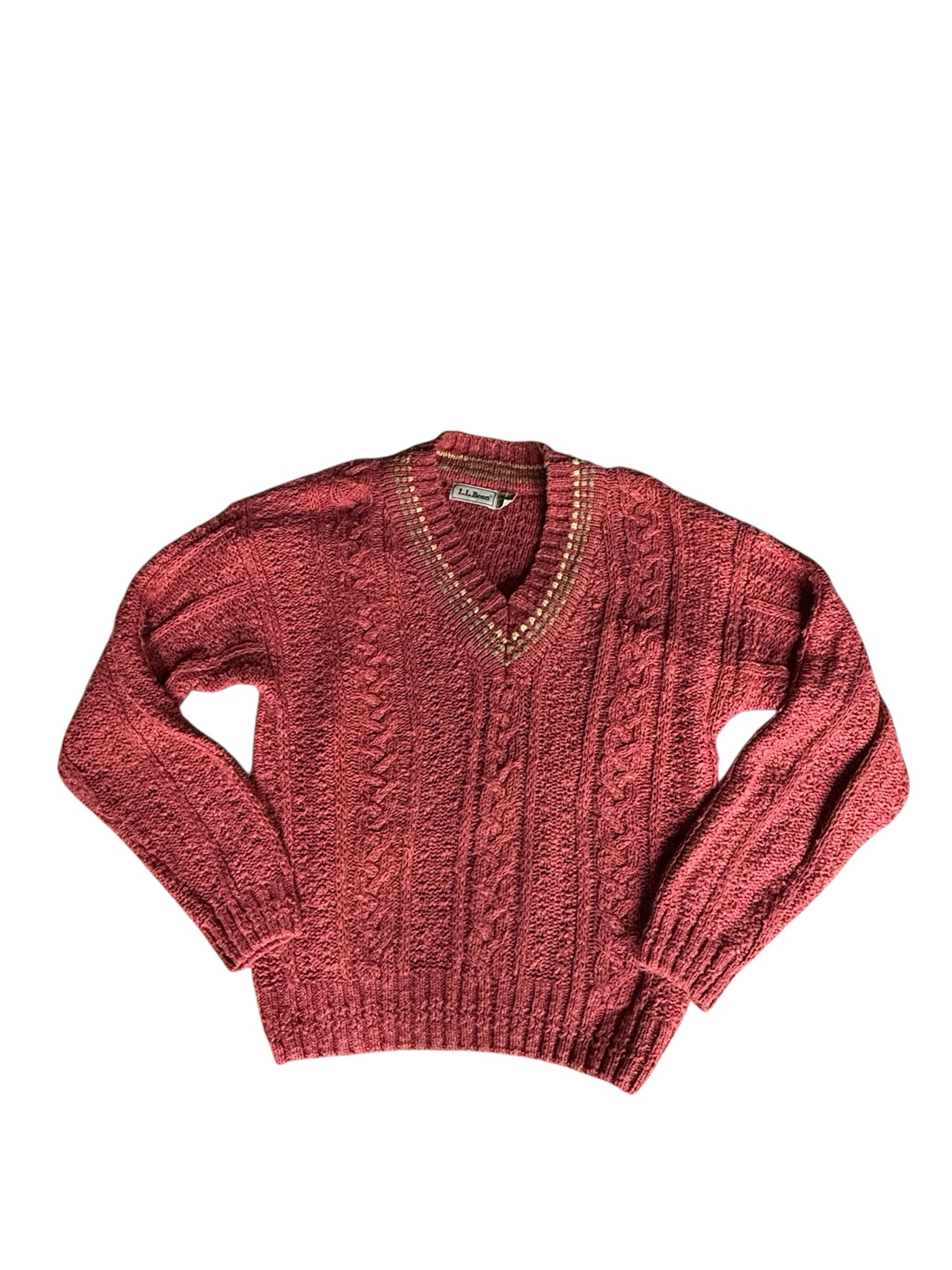 Vintage L.L. Bean Cable Knit Sweater V-Neck Medium Fisherman