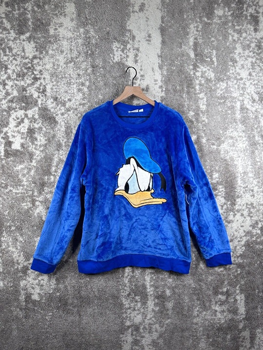 New Disney Sweater Large Mens Blue Donald Duck Velvet Pull Over Graphic