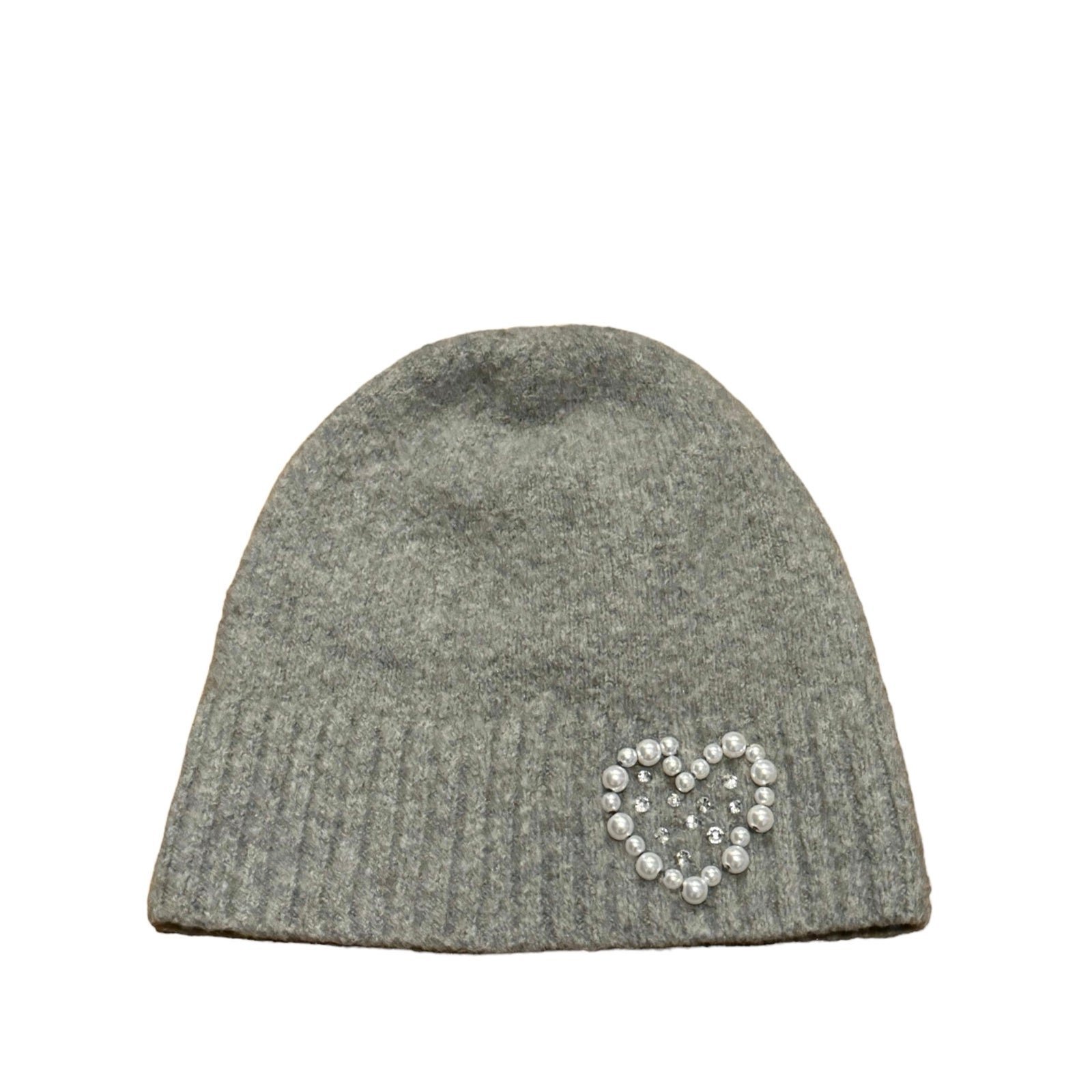 NWT Minnie Rose Cashmere Heart Pearls Grey Beanie