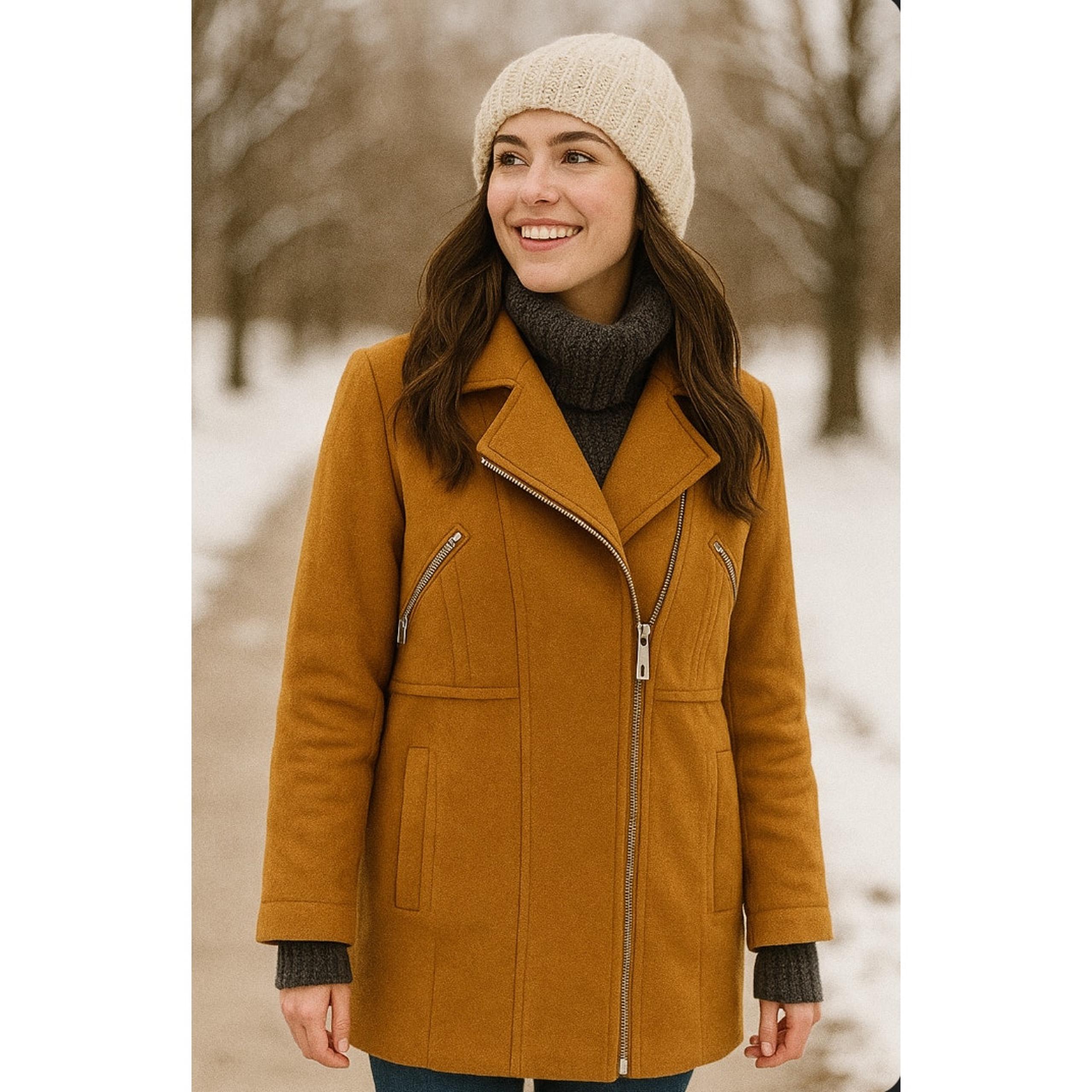 Kenneth Cole New York Size 4 Wool Mustard Asymmetrical Zip Long Dress Chic Coat
