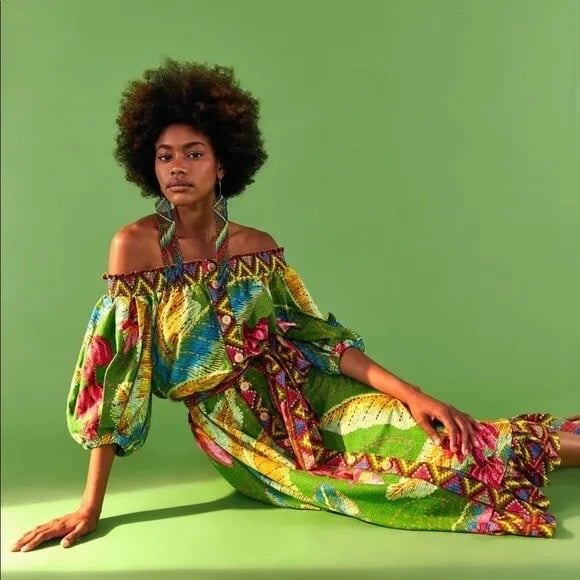 FARM Rio Banana Leaves Off Shoulder Midi Dress in Small