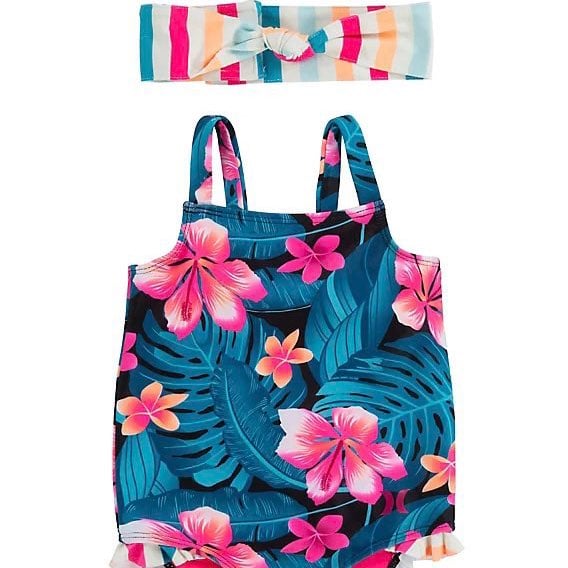 Hurley Baby Girls One Piece Swimsuit w/ headband, Floral Size 18 Months NWT