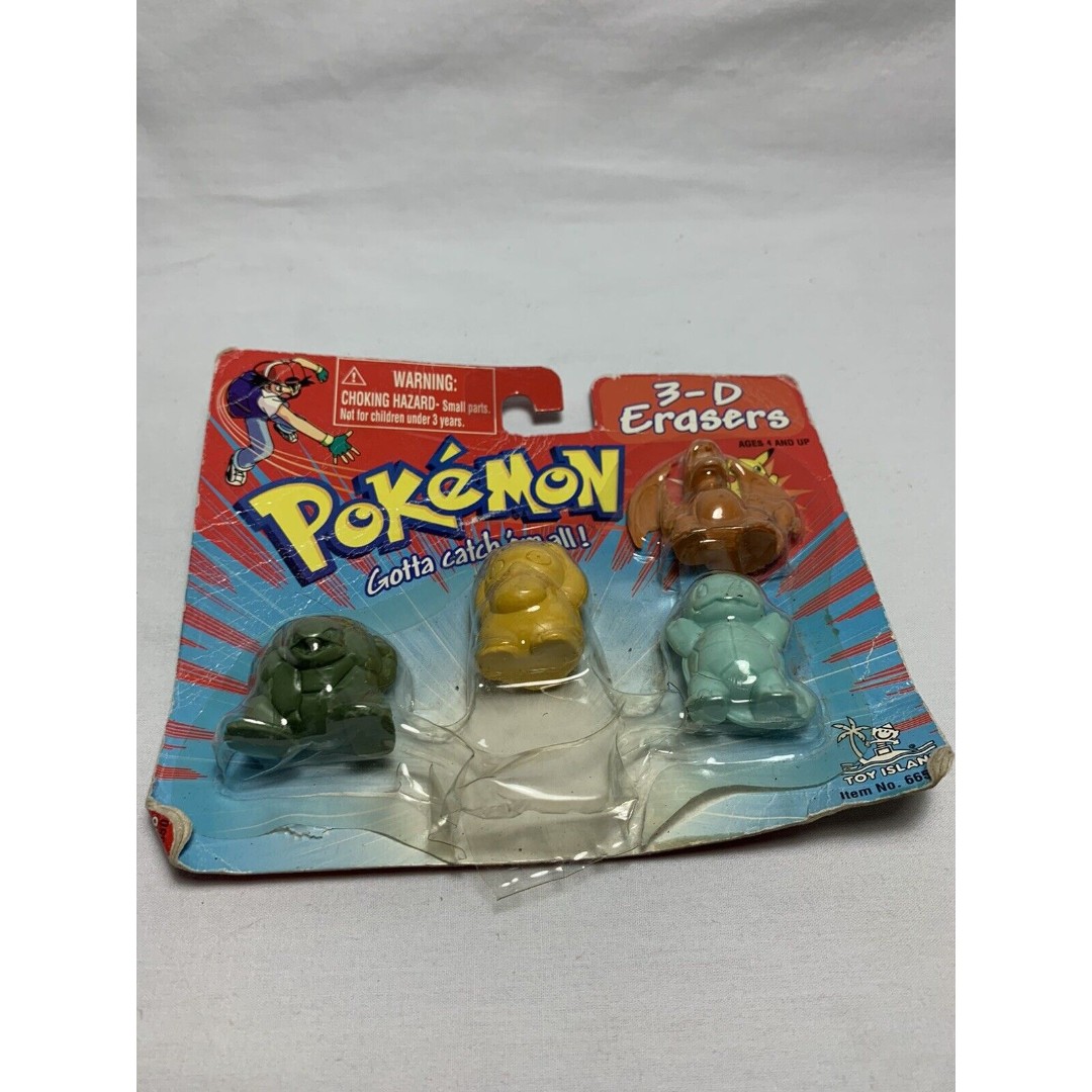 NEW Vintage 1998 Pokemon 3-D erasers set Psyduck, Golem, Squirtle, & Charizard