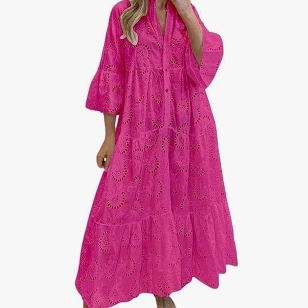 Lace Eyelet Embroidered Trumpet Sleeves Boho Dress