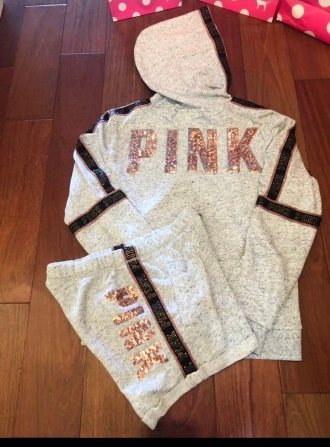 VS PINK bling rose gold and grey hoodie and short set small