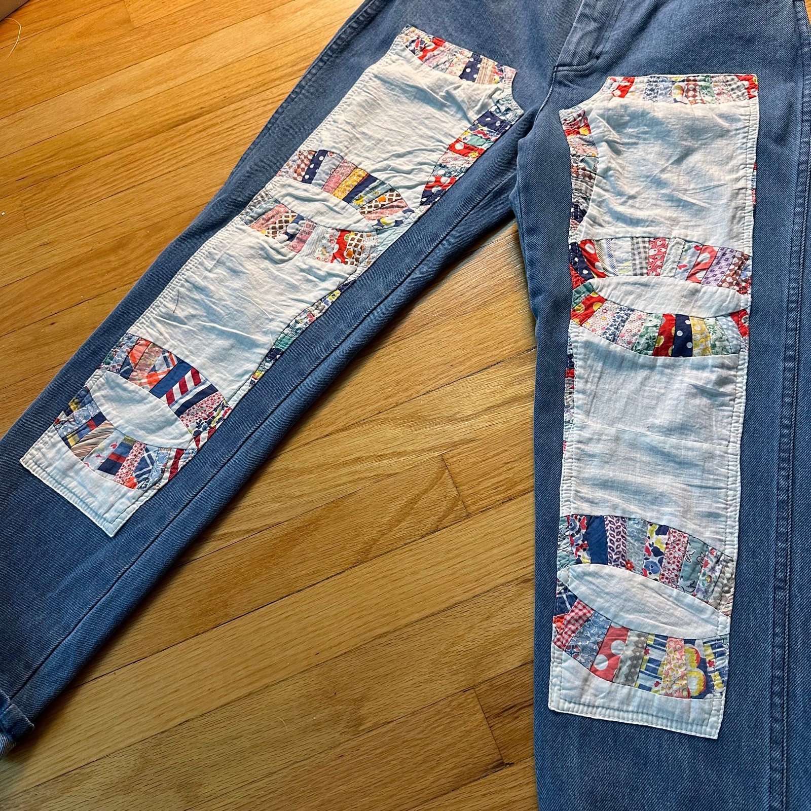 CARLEEN Patchwork Jeans One of a Kind vintage quilt Made in USA straight leg360