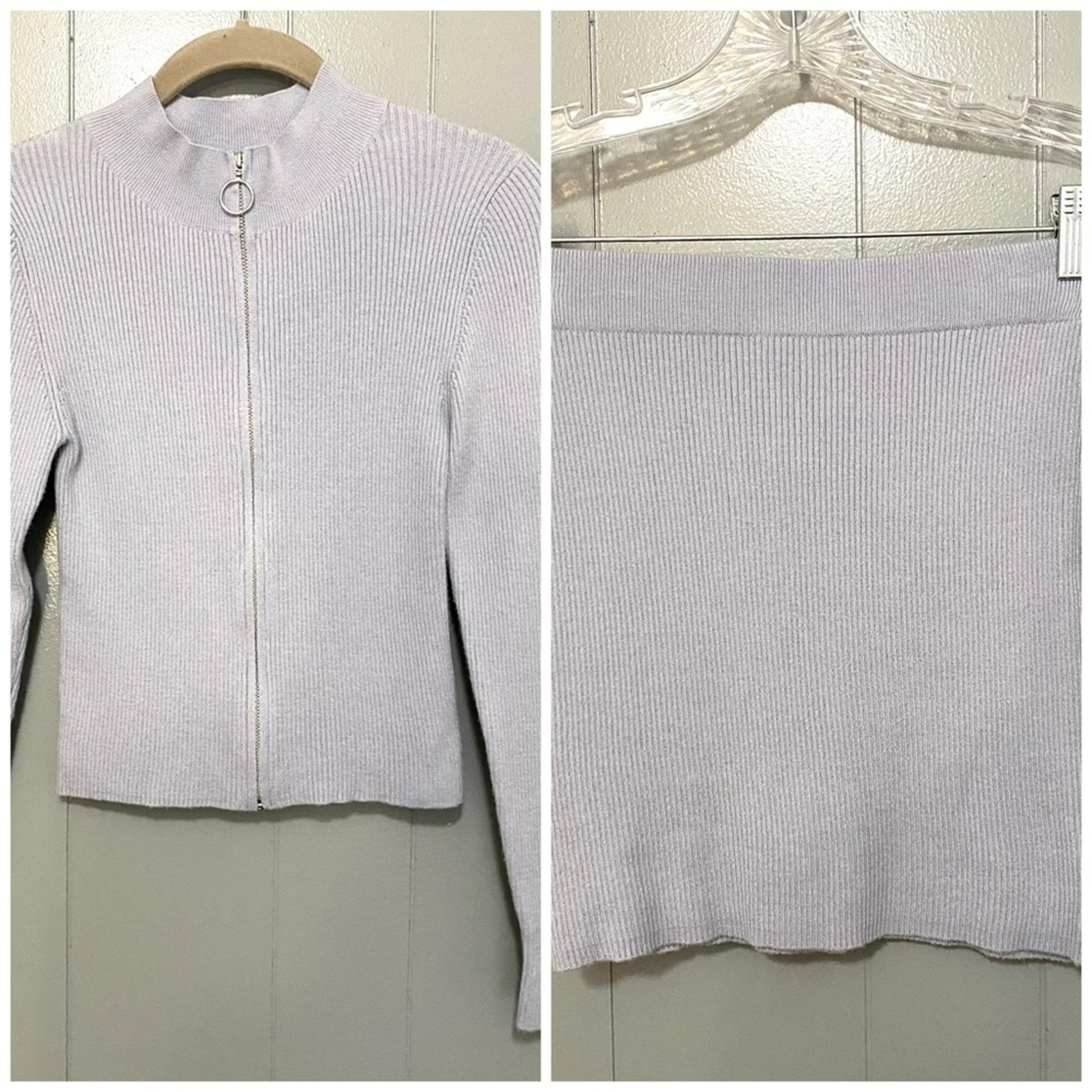 Pink Rose Blue Periwinkle Soft Ribbed Knit Full-zip Top Skirt Matching Set S