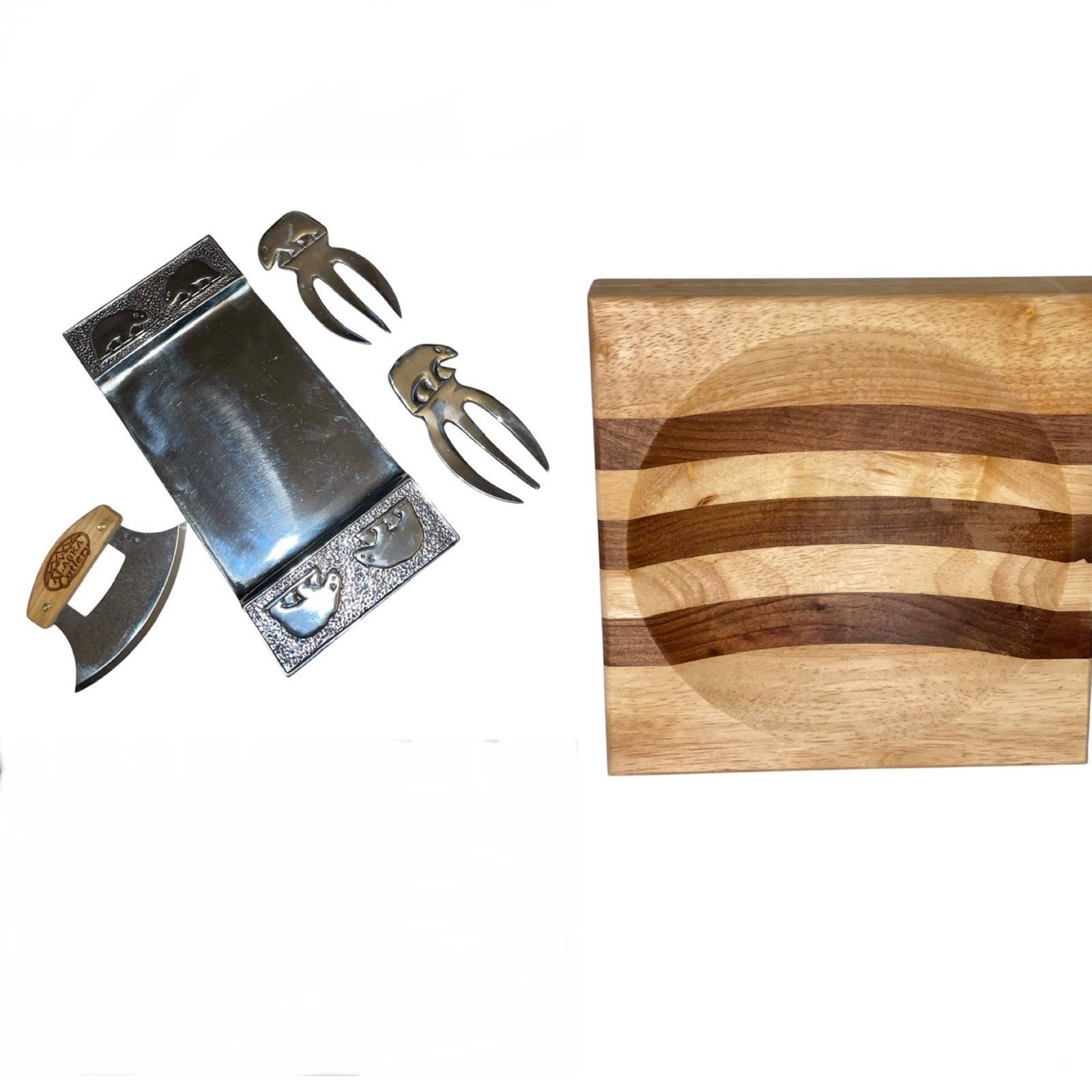 Northwest Pewter co Silver Serving Tray Forks And Cutter & Ulu Chopping Board