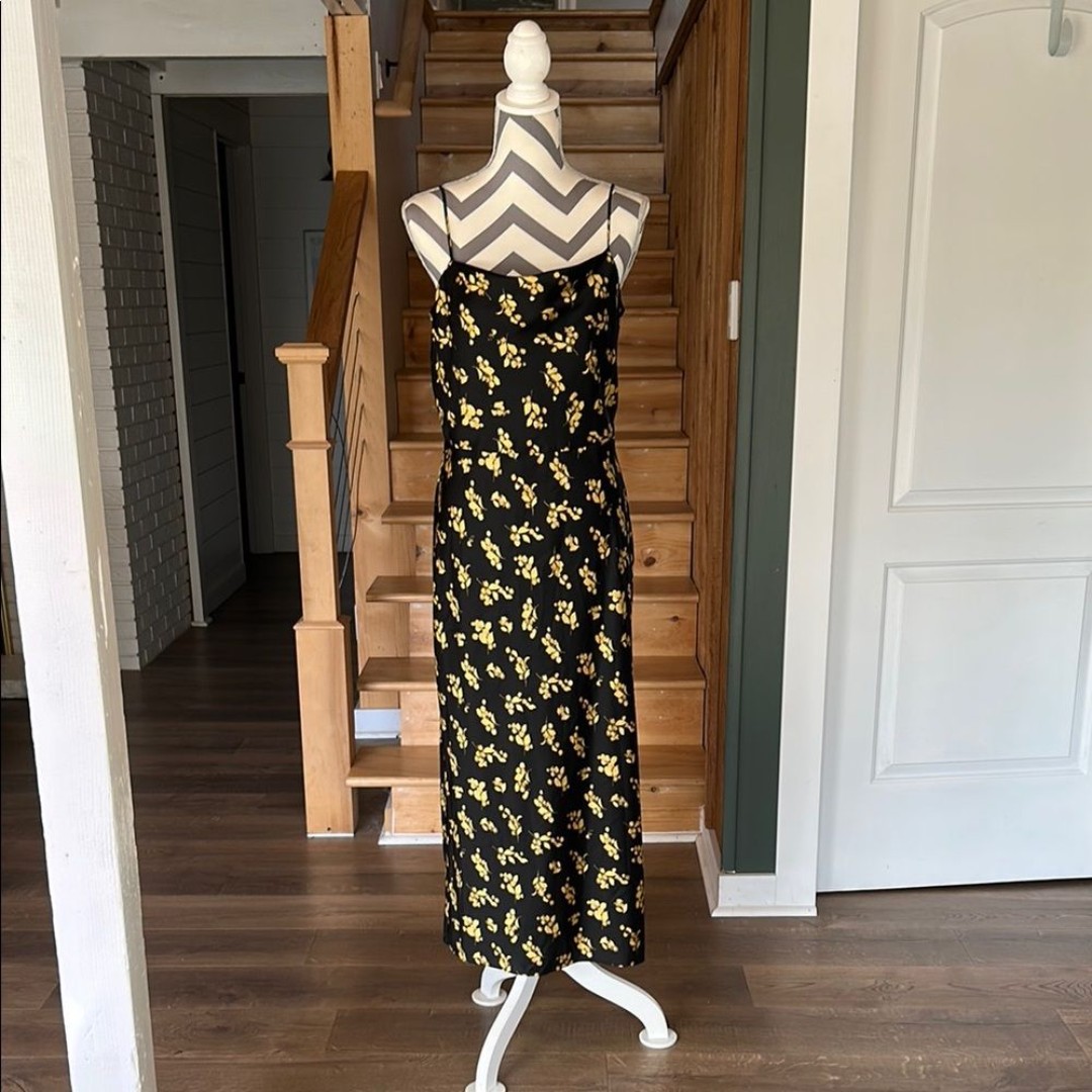 Vince Dandelion Satin Black Floral Spaghetti Strap Dress Size 6