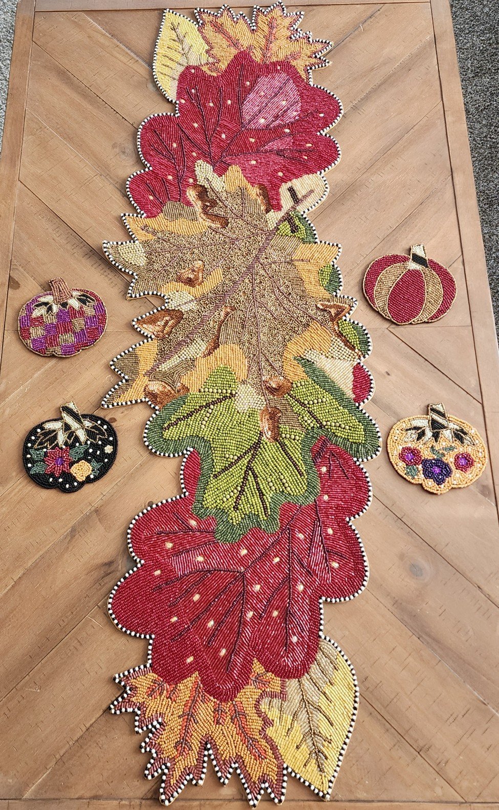 Mackenzie Childs Beaded Fall Autumn Leaves Table Runner & 4 Pumpkin Coasters