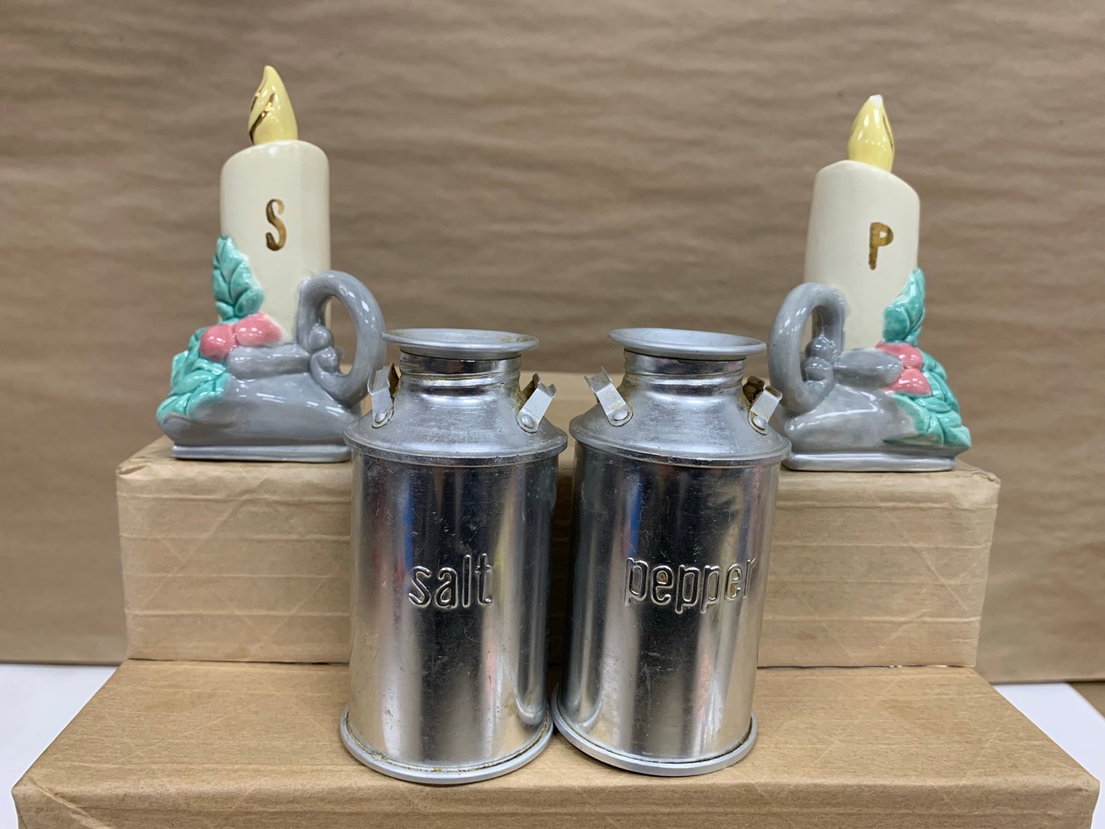 Vintage Salt Pepper Shaker Lot of 2 Ceramic Christmas Candle Tin Aluminum Jug