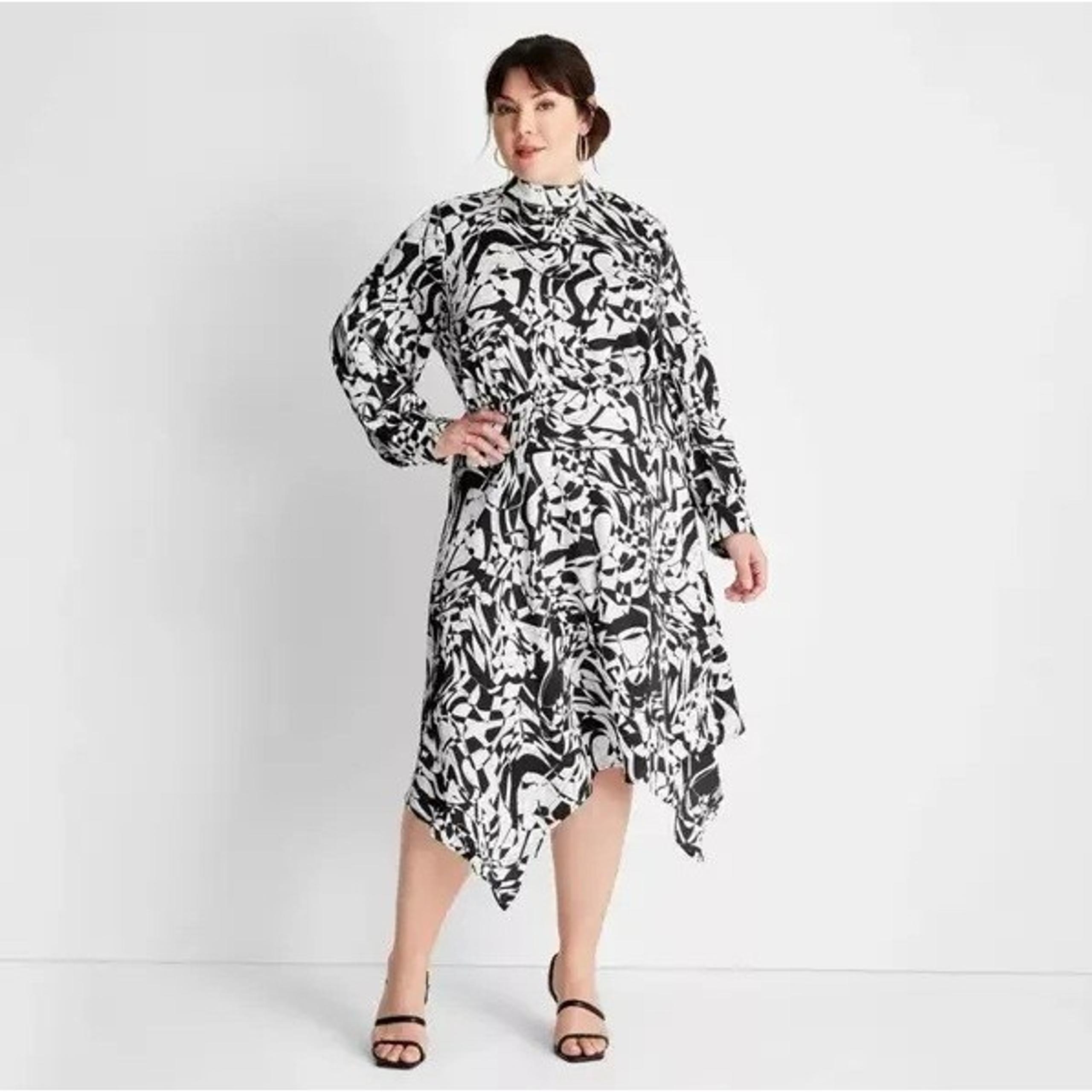 Future Collective Black & White Geo Asymmetrical A-Line Midi Dress -- Size 2X