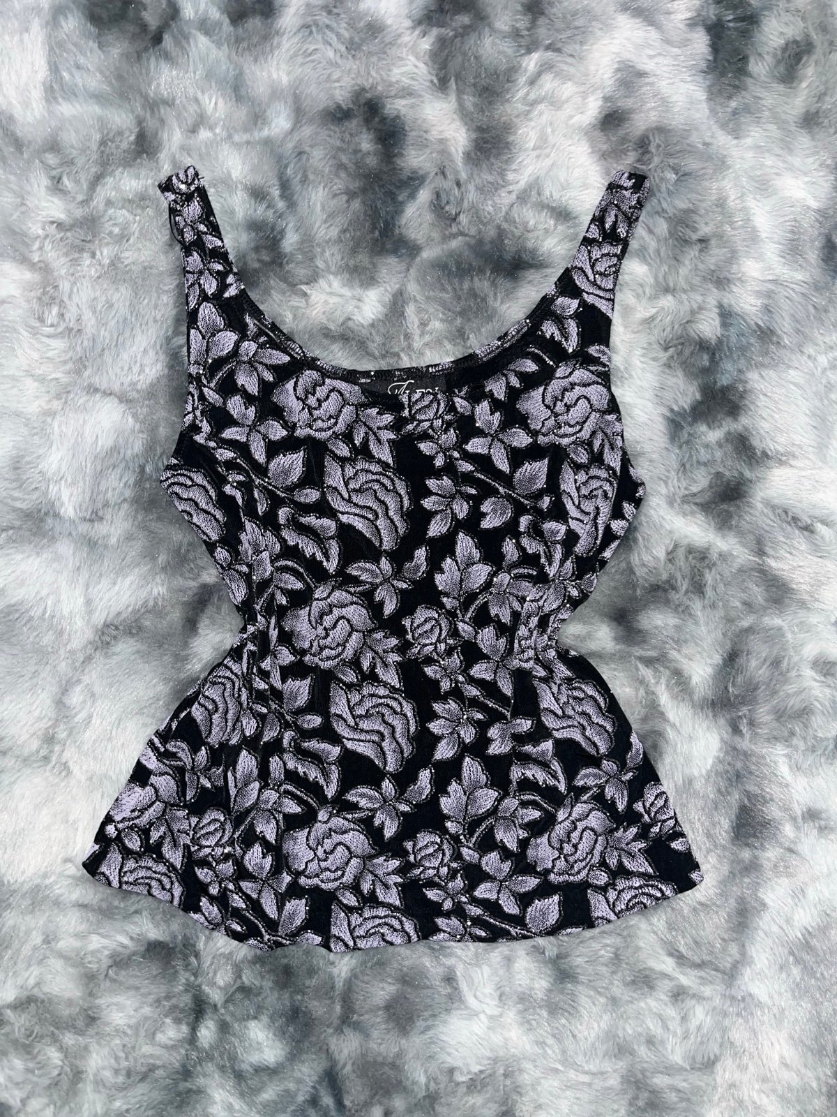 Vintage Women’s Y2K Fairycore Sparkly Floral Print Purple and Black Tank Top