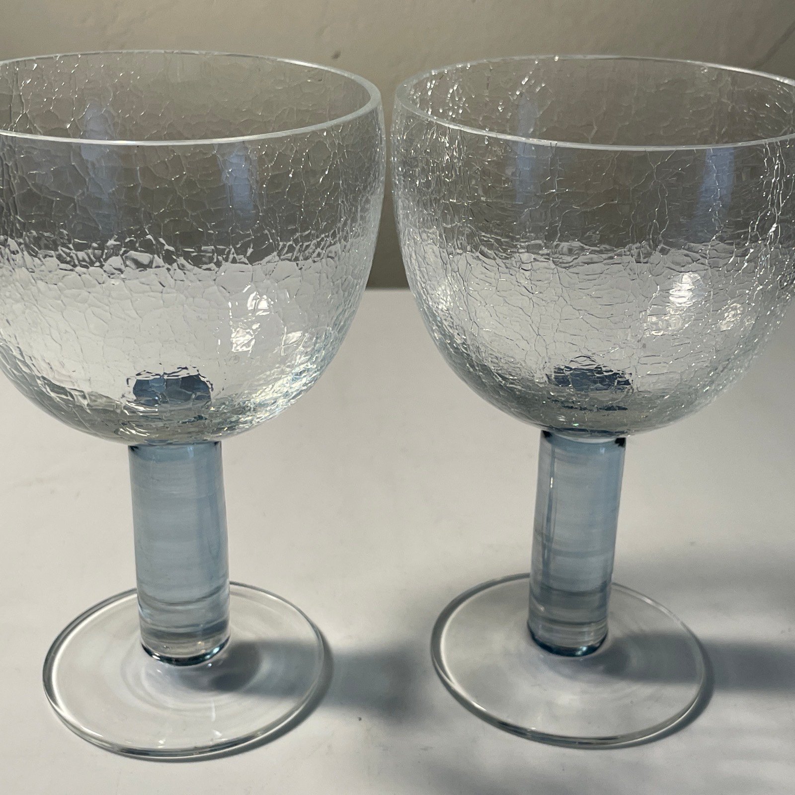 Two Clear Crackle Wine Glasses With Light Blue Footed Stem 4x6-1/4”