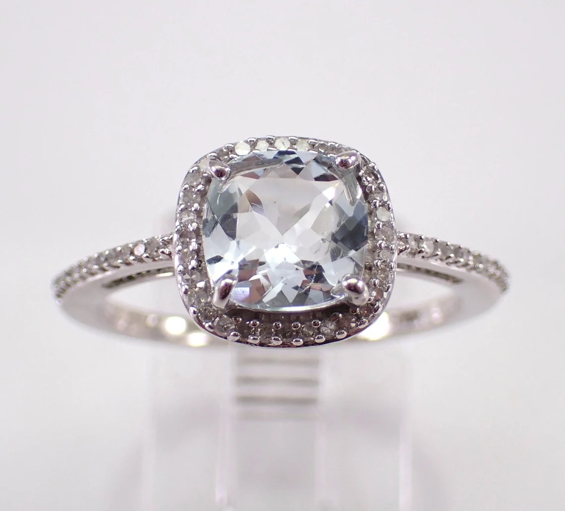 White Gold Aquamarine Ring - Diamond Halo Engagement Setting