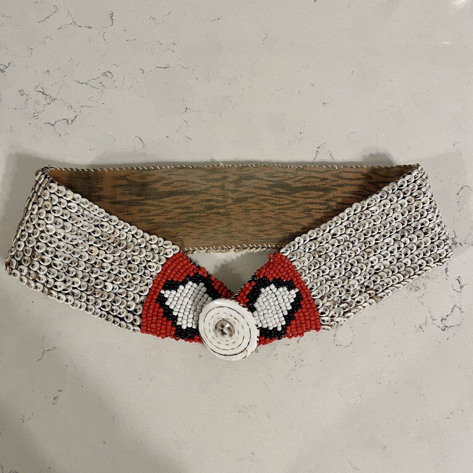 Vtg Inlay/Cowrie chain link Shell Beaded Ivory Tribal Cinch Hand Sewn Belt