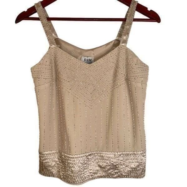 R&M Richards Womens 4P Vintage Tan Intricate Beaded Classy Glam Tank Blouse