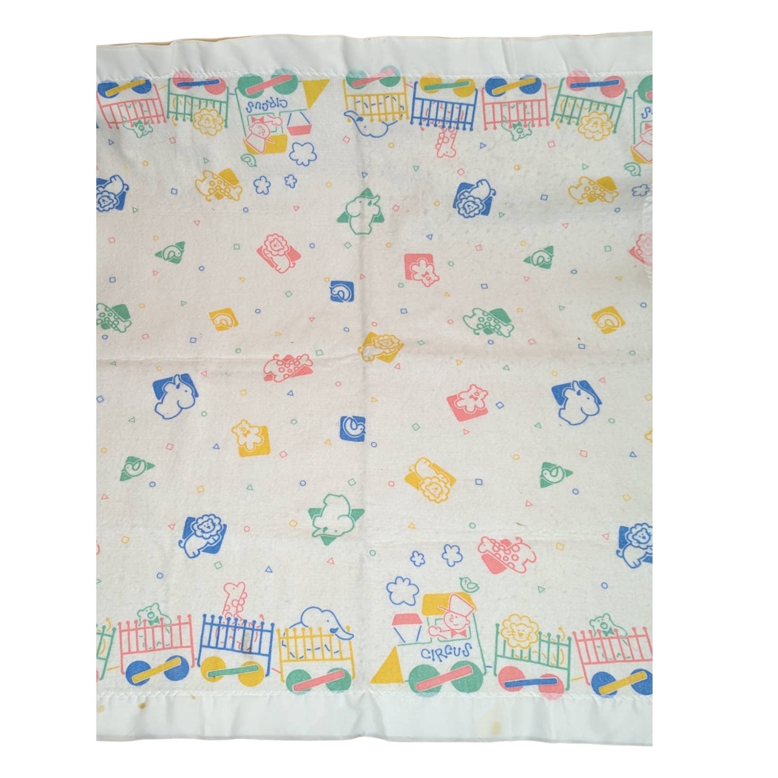 Vintage Beacon Baby Blanket White Satin Trim Animal Circus Train WPL 1675 Fleece