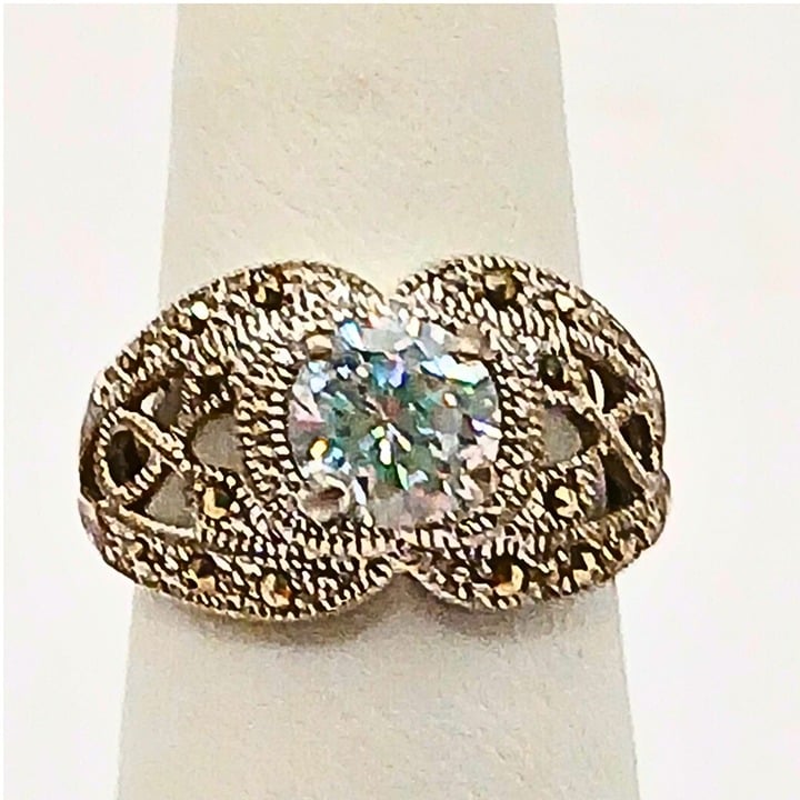 Vintage Silver Plated Moissanite Engagement Ring 6 Intricate Bridal Wedding Glam
