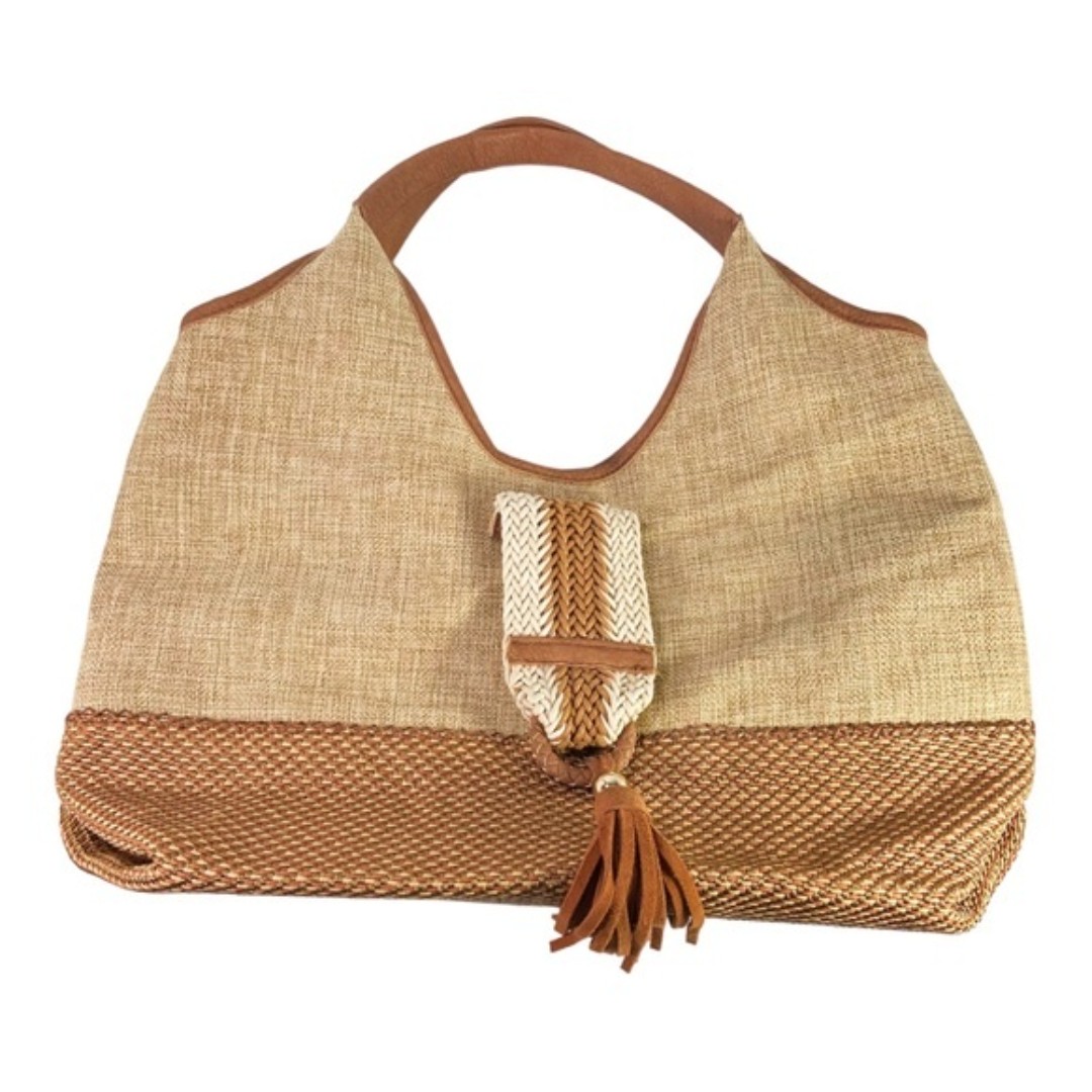 Steve Madden linen tan woven tassel hobo bag 17.5 x 14