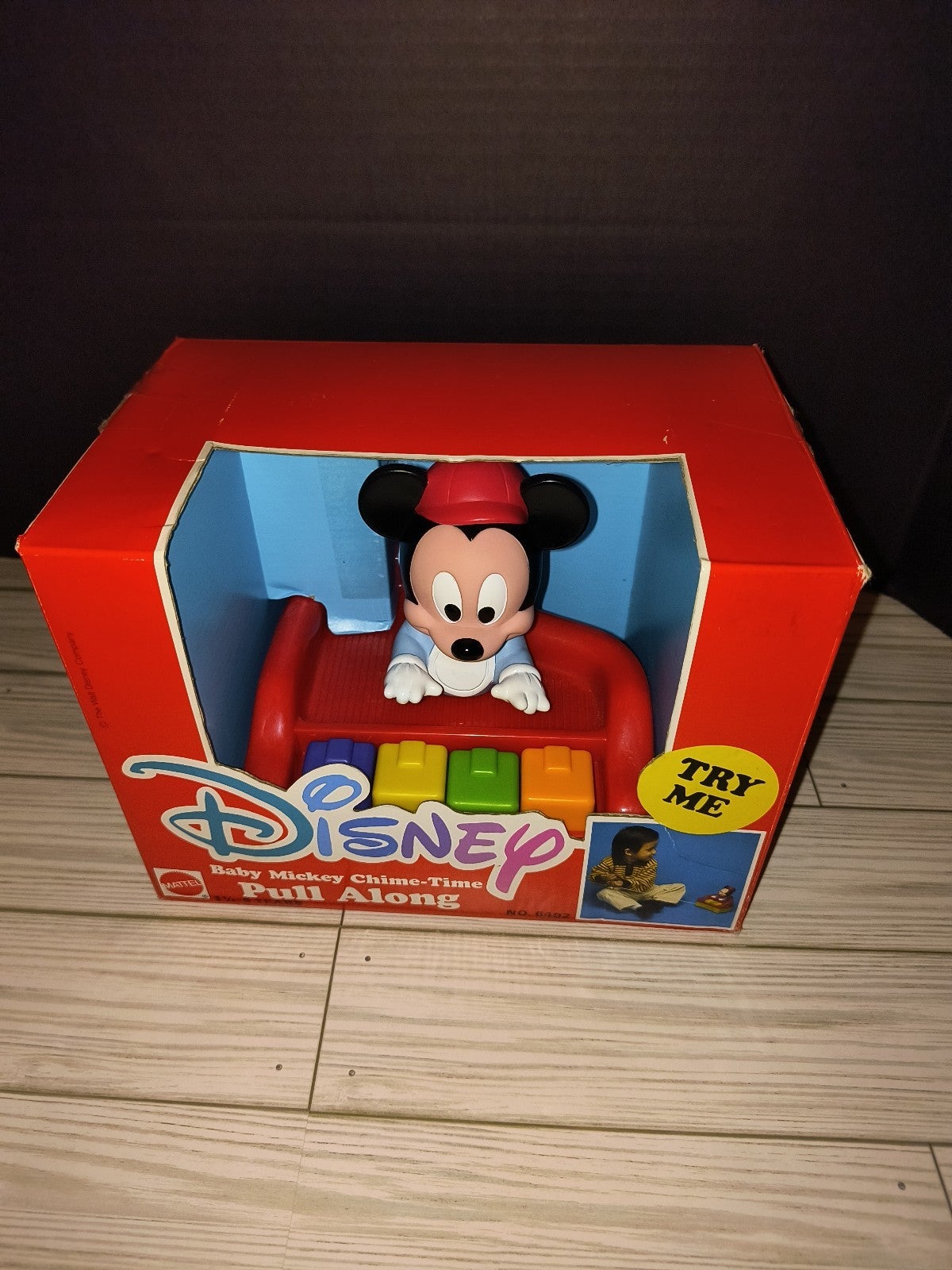Disney Baby Mickey Chime-Time Pull Along Kids Toy Vintage Mattel Arco Toys