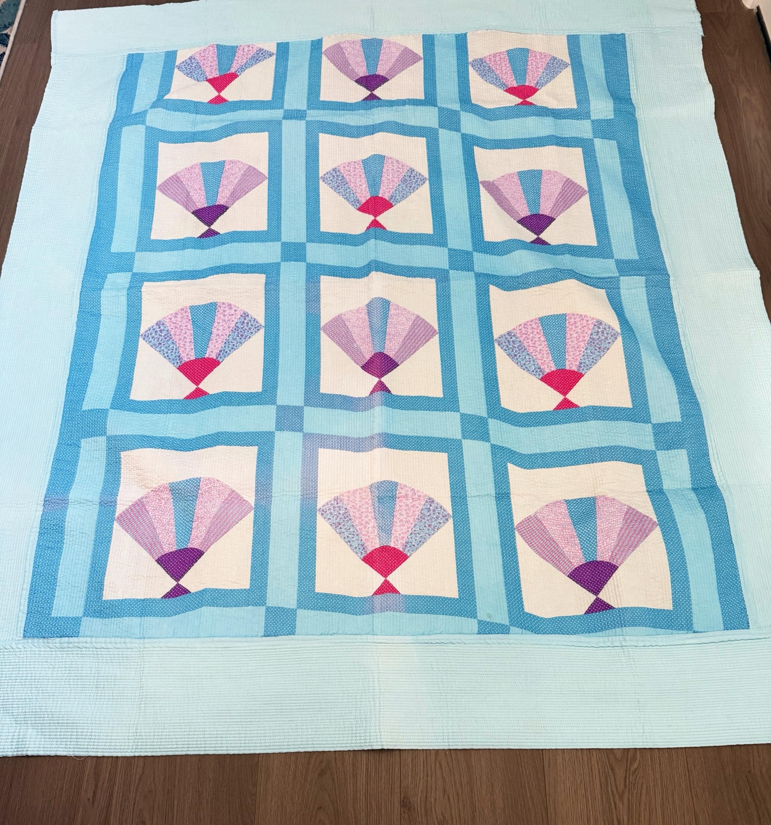 Vintage Blue and Pink Silk Oriental Fan Quilt Hand Made 69”x79”