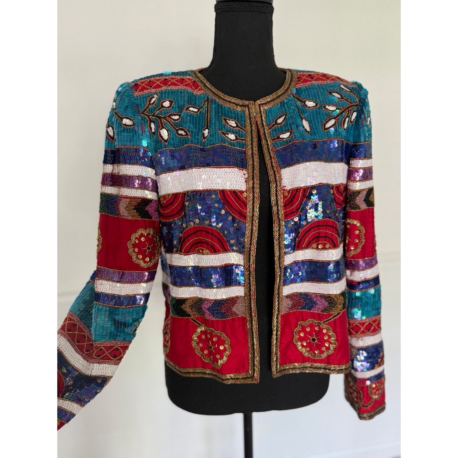 Leslie Fay Sequin Beaded statement silk blazer Jacket Party Embellished Size M