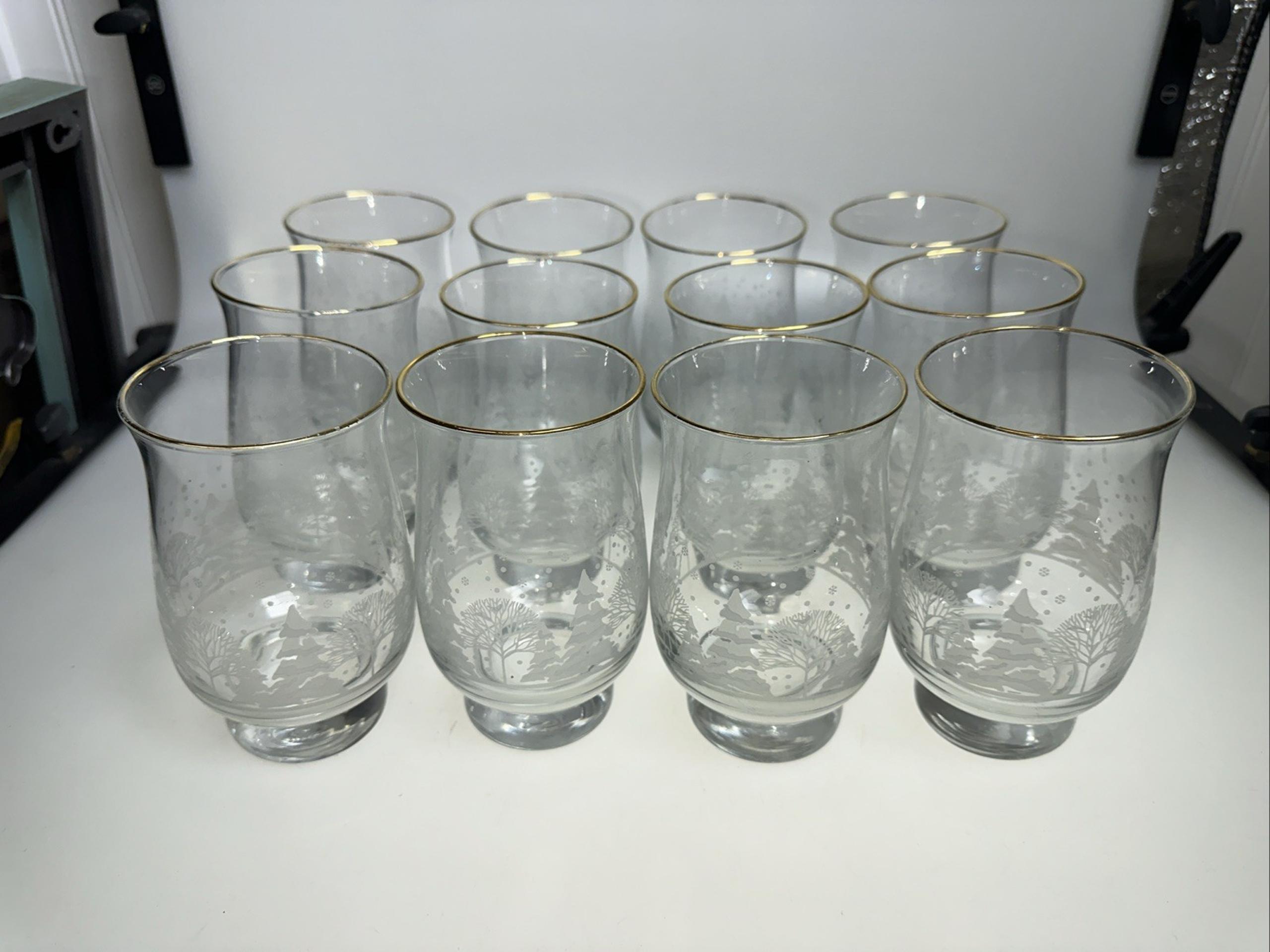 SET OF 12--Arby's Libbey Frosted Glasses Winter Tree Scene Tumbler Gold Rim