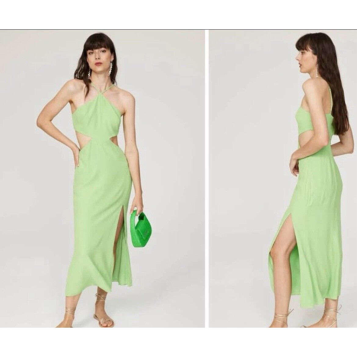 Louna Designer Halter Cutout Midi Green Slit Dress Size Small 265