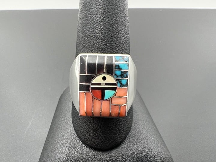 ZUNI VELMA DEWA STERLING SILVER 925 INLAID TURQUOISE CORAL ONYX SUNFACE RING